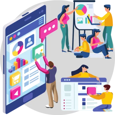 Professional digital marketers work on a social media management campaign.