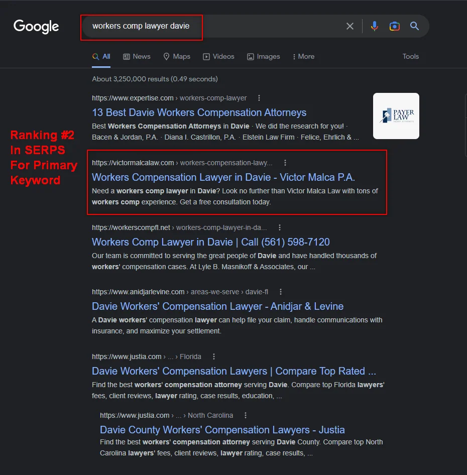 VML SEO Case Study 2 SEO Case Study SERPS Page