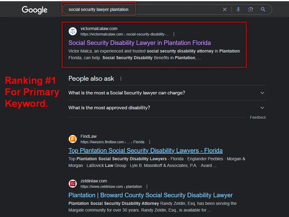 VML SSD #1 Plantation SEO Case Study Ranking #1