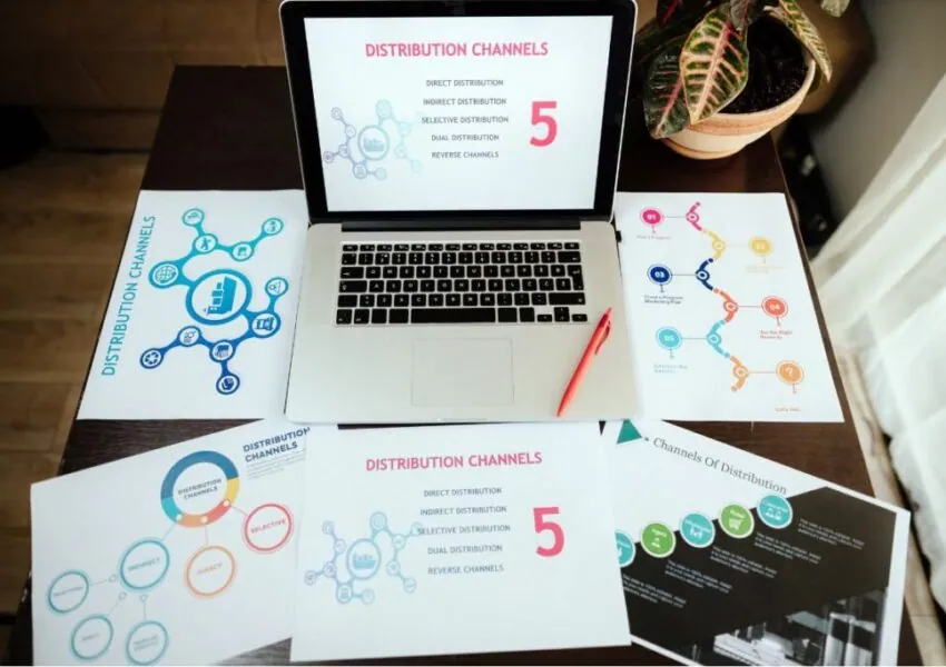 Laptop and hard copy materials discuss digital marketing channels.