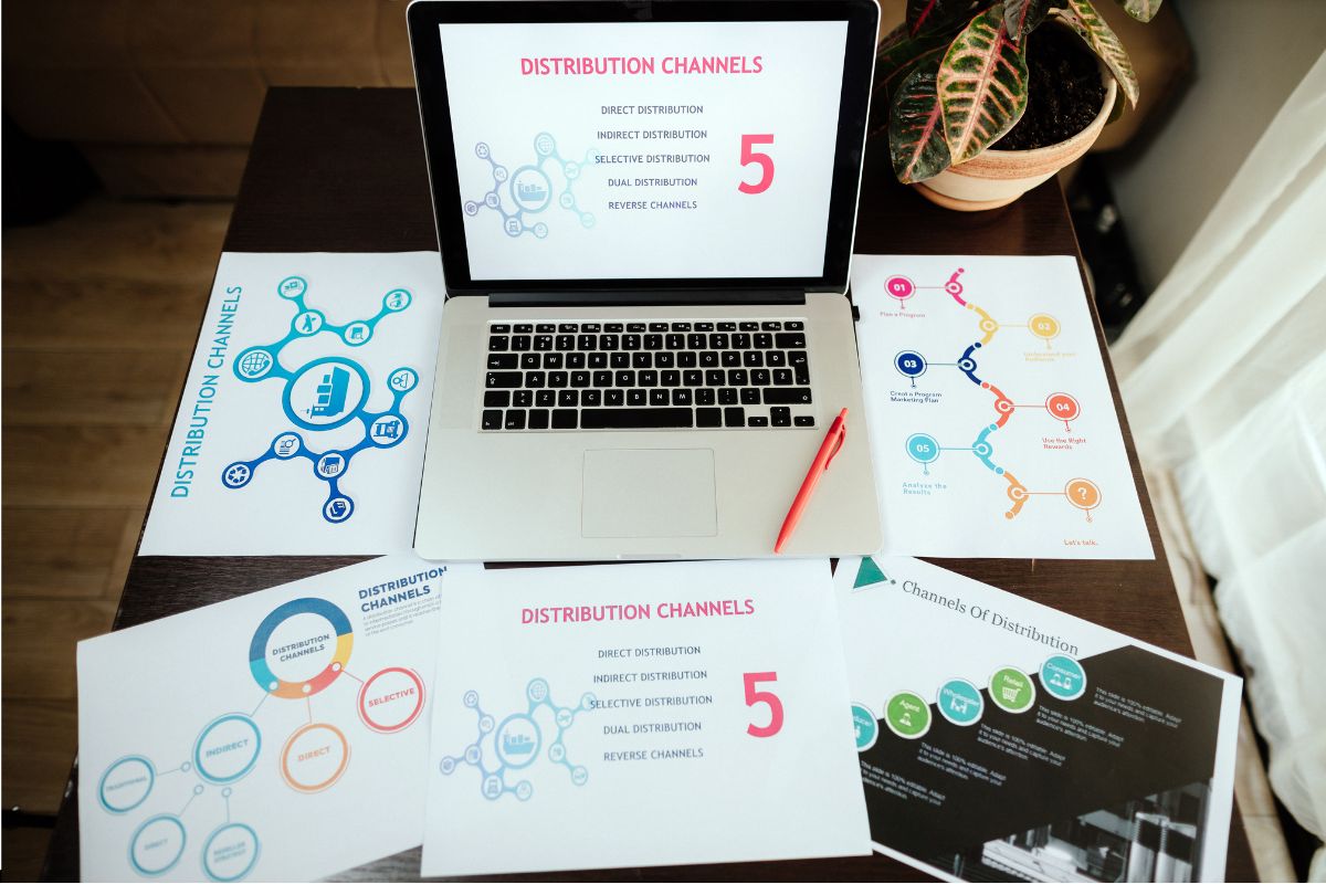 Laptop and hard copy materials discuss digital marketing channels.