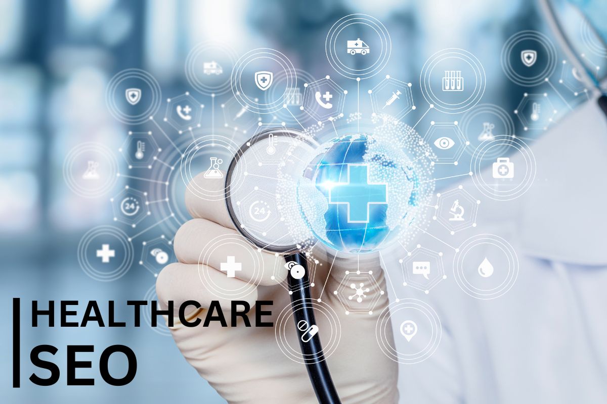 A doctor with a stethoscope and images showing what healthcare SEO is