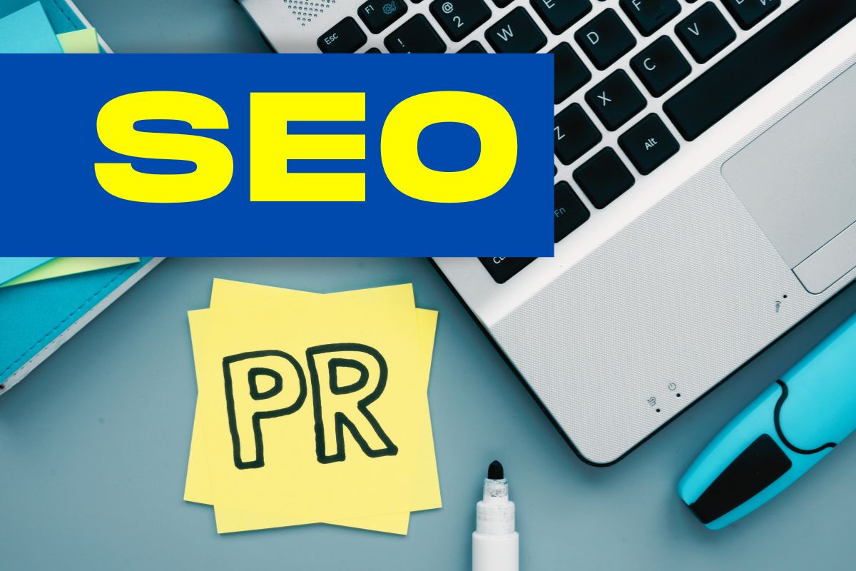 A graphic image showing the words SEO PR and a laptop as a background