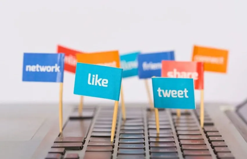 The mini flag has words related to social media cross-posting.