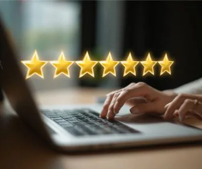 The woman is reading an online review.