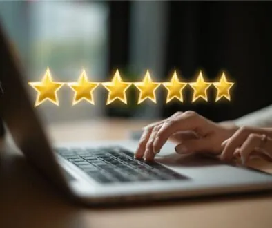 The woman is reading an online review.