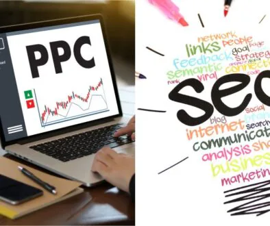 A graphic that shows a comparison between PPC and SEO.