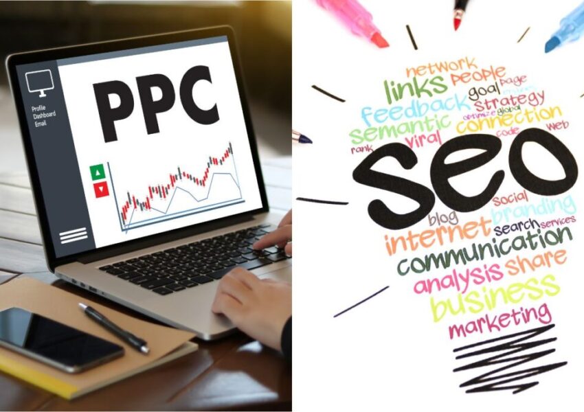 A graphic that shows a comparison between PPC and SEO.