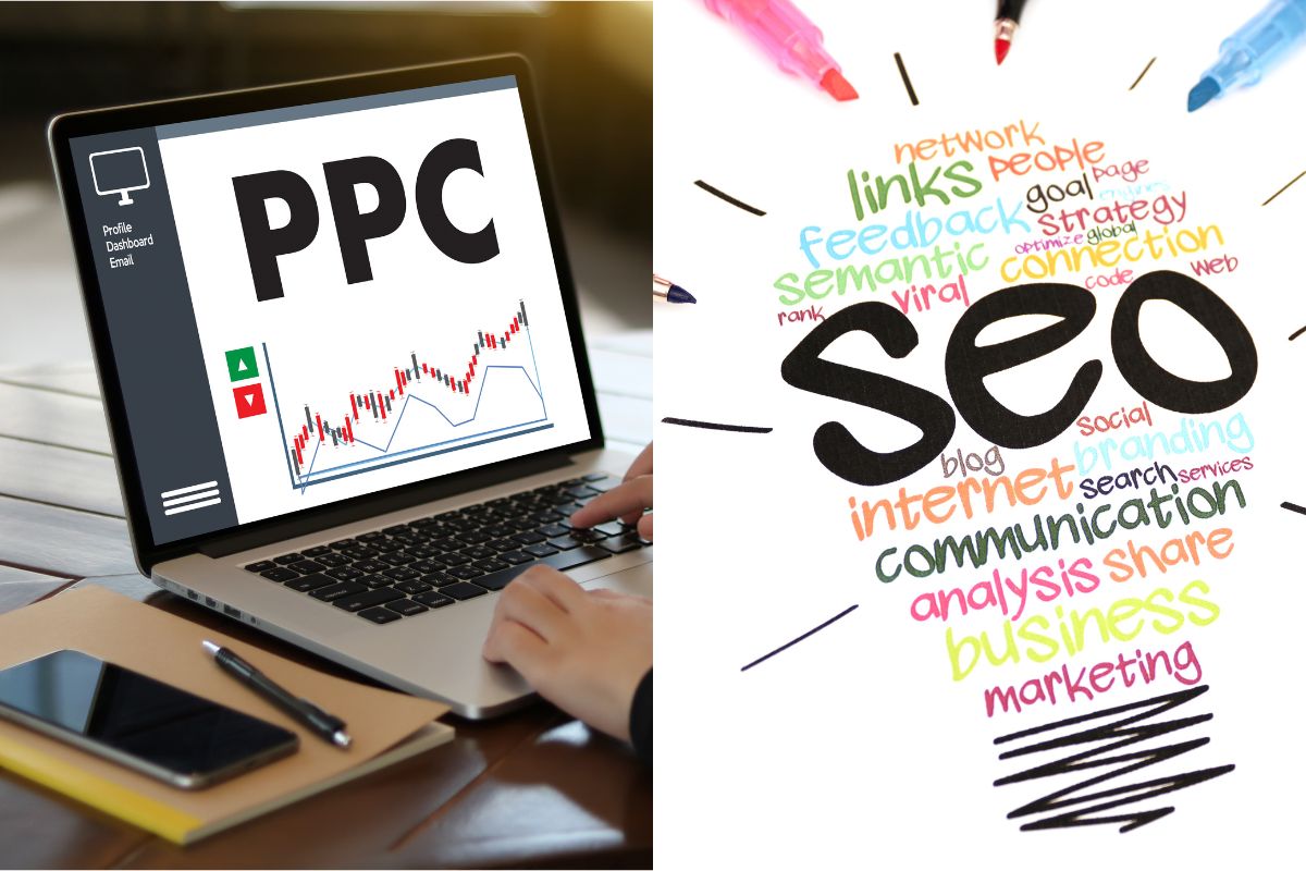 A graphic that shows a comparison between PPC and SEO.