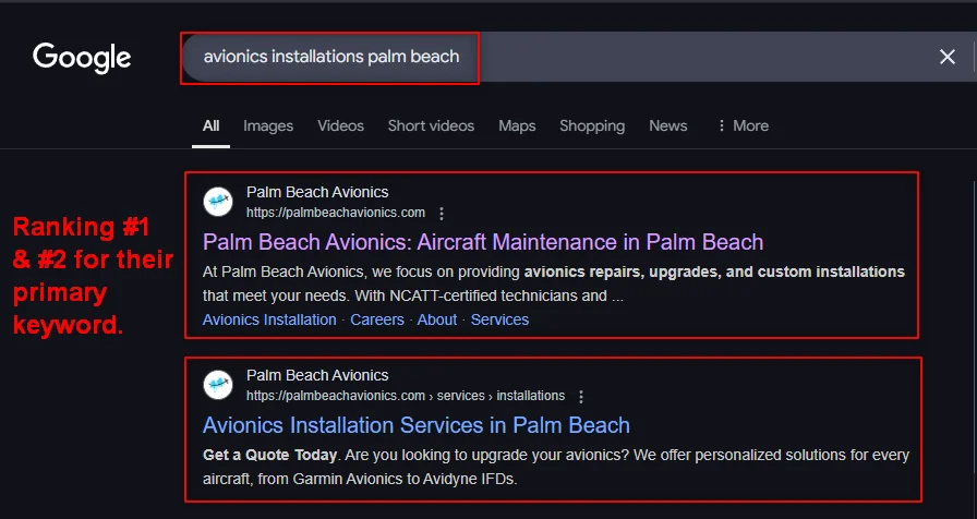 Palm Beach Avionics search engine rankings.