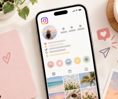 Phone showing a soft pastel profile designed with aesthetic bios for Instagram in mind.