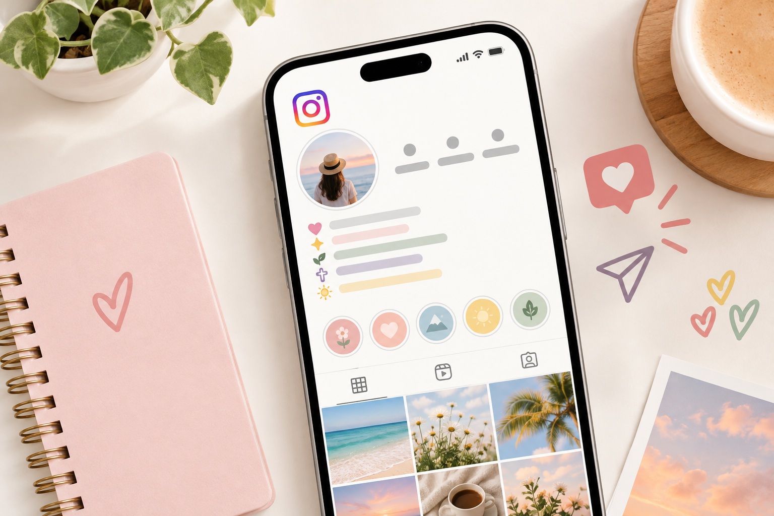 Phone showing a soft pastel profile designed with aesthetic bios for Instagram in mind.