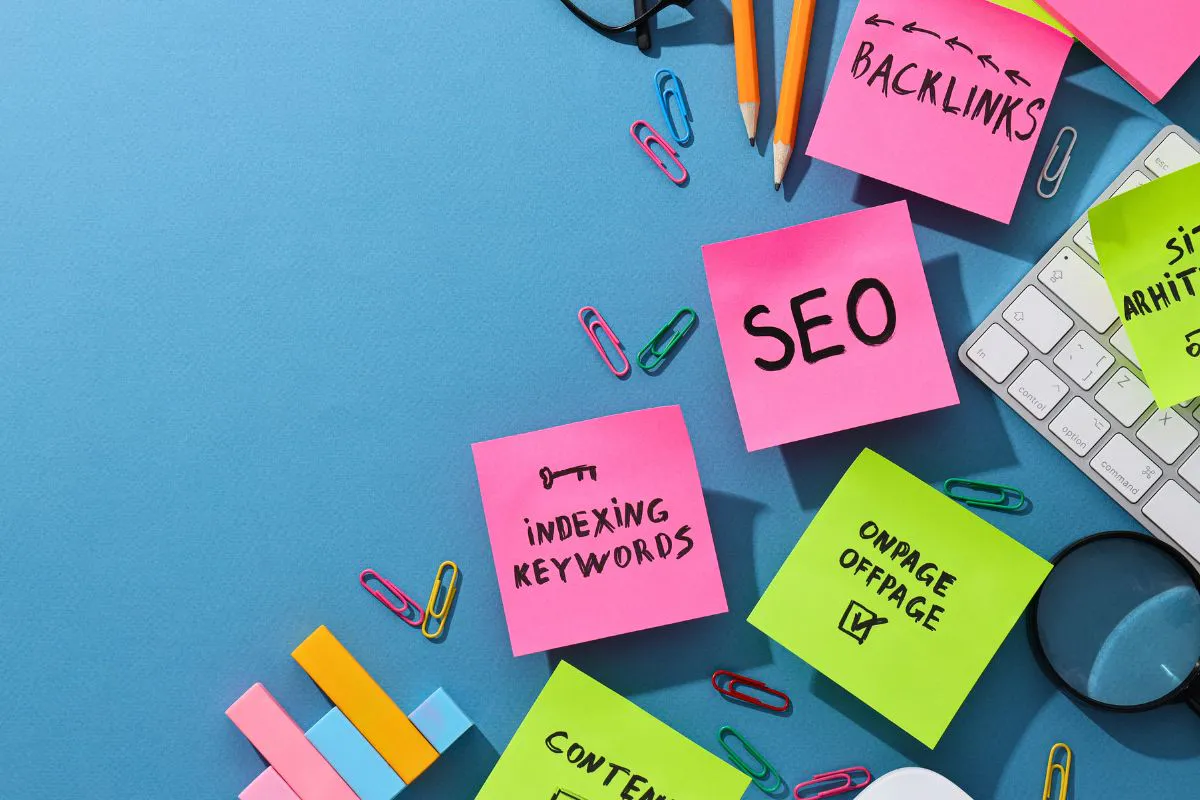 Sticky notes show SEO metrics you should track to stay ahead of algorithm changes.