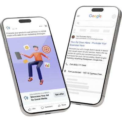 Previews of ad placements on Google Ads and Meta Ads.