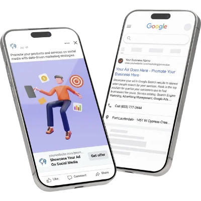 Previews of ad placements on Google Ads and Meta Ads.