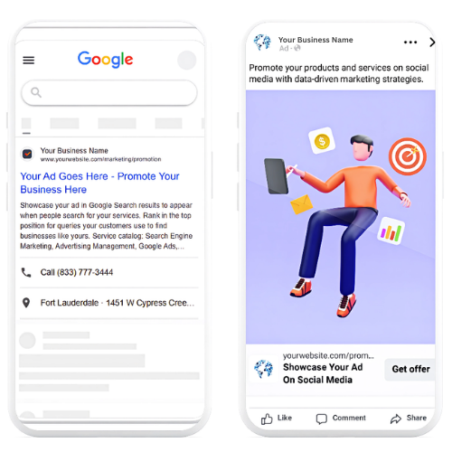 Previews of ad placements on Google Ads and Meta Ads.