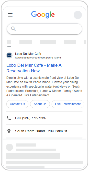 Lobo Del Mar Cafe Google Ads ad preview.