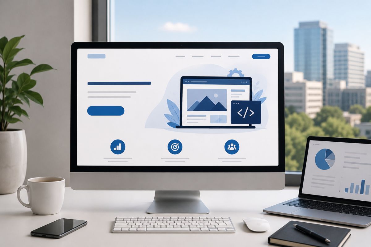 Modern workspace with website mockups on screen, representing an arlington web design company.