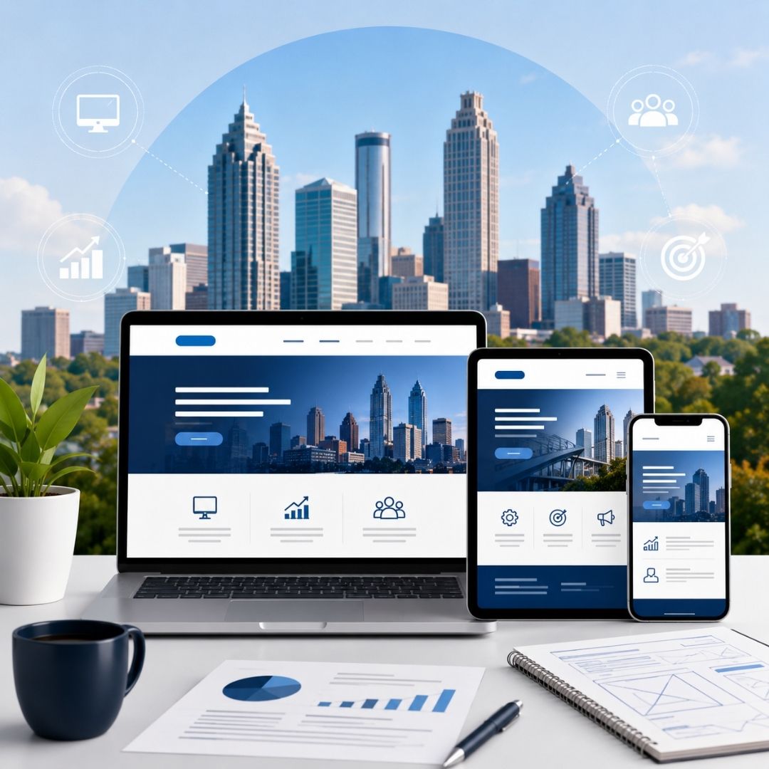 Responsive website mockups on multiple devices with the Atlanta skyline, showcasing an Atlanta web design company