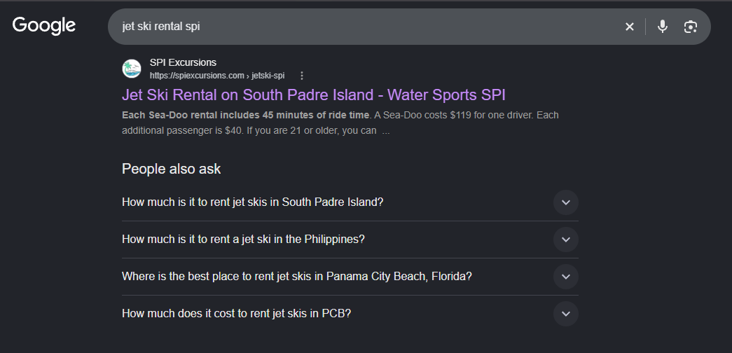 SPI Excursions SEO case study, showing the search engine results page.