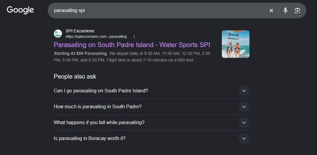 SPI Excursions SEO case study, showing the search engine results page.