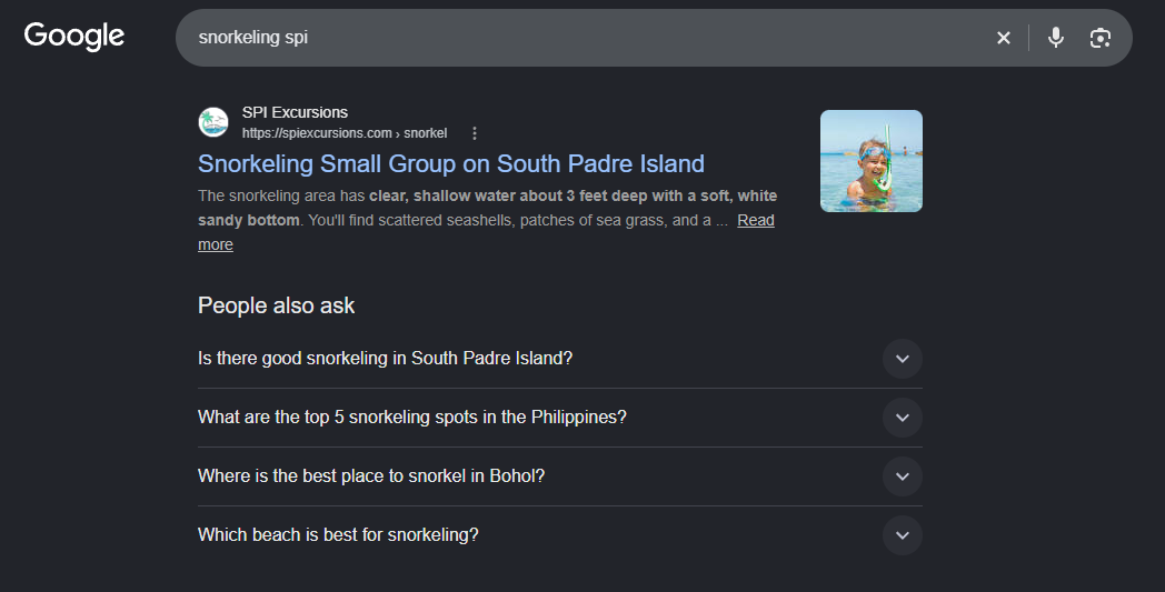 SPI Excursions SEO case study, showing the search engine results page.