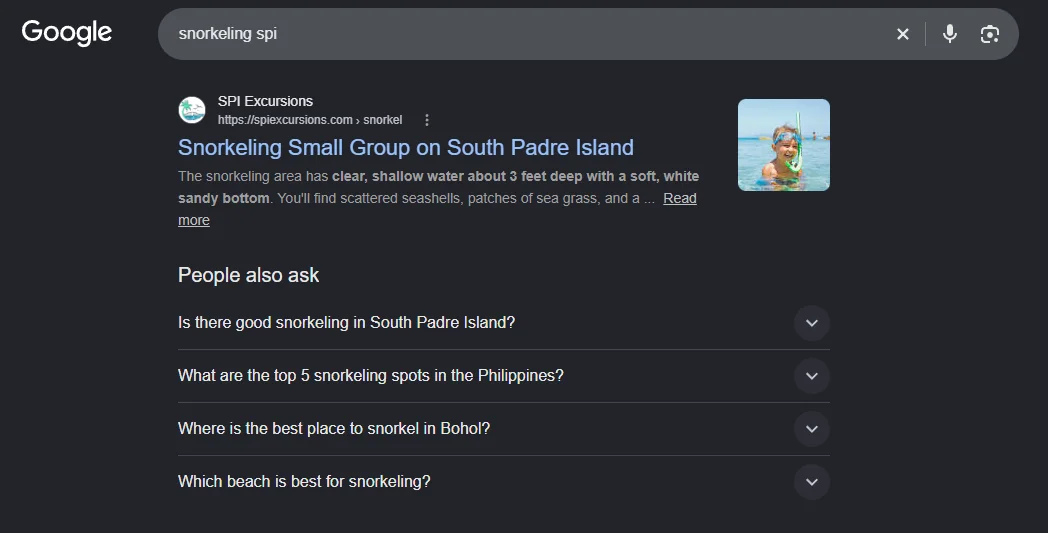 SPI Excursions SEO case study, showing the search engine results page.