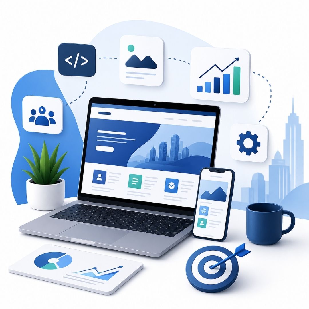 Laptop and mobile devices displaying website mockups, representing a professional web design company.