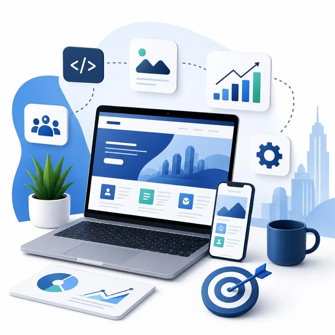 Laptop and mobile devices displaying website mockups, representing a professional web design company.