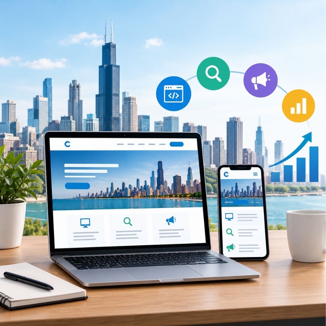 Laptop and mobile mockups of modern websites set against the Chicago skyline, representing a professional Chicago Web Design Company.