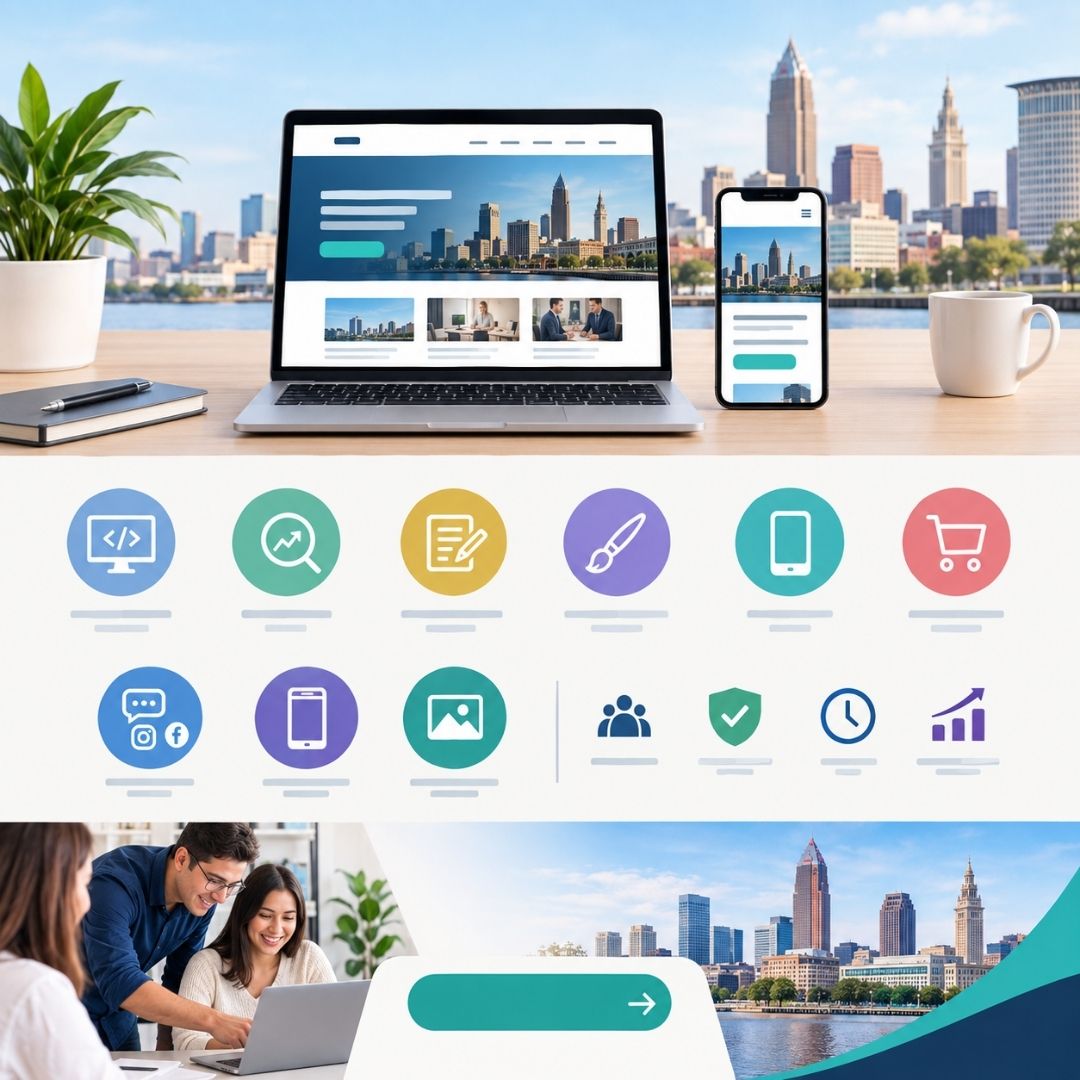 Laptop and mobile website mockups with the Cleveland skyline, showcasing services from a trusted Cleveland Web Design Company.