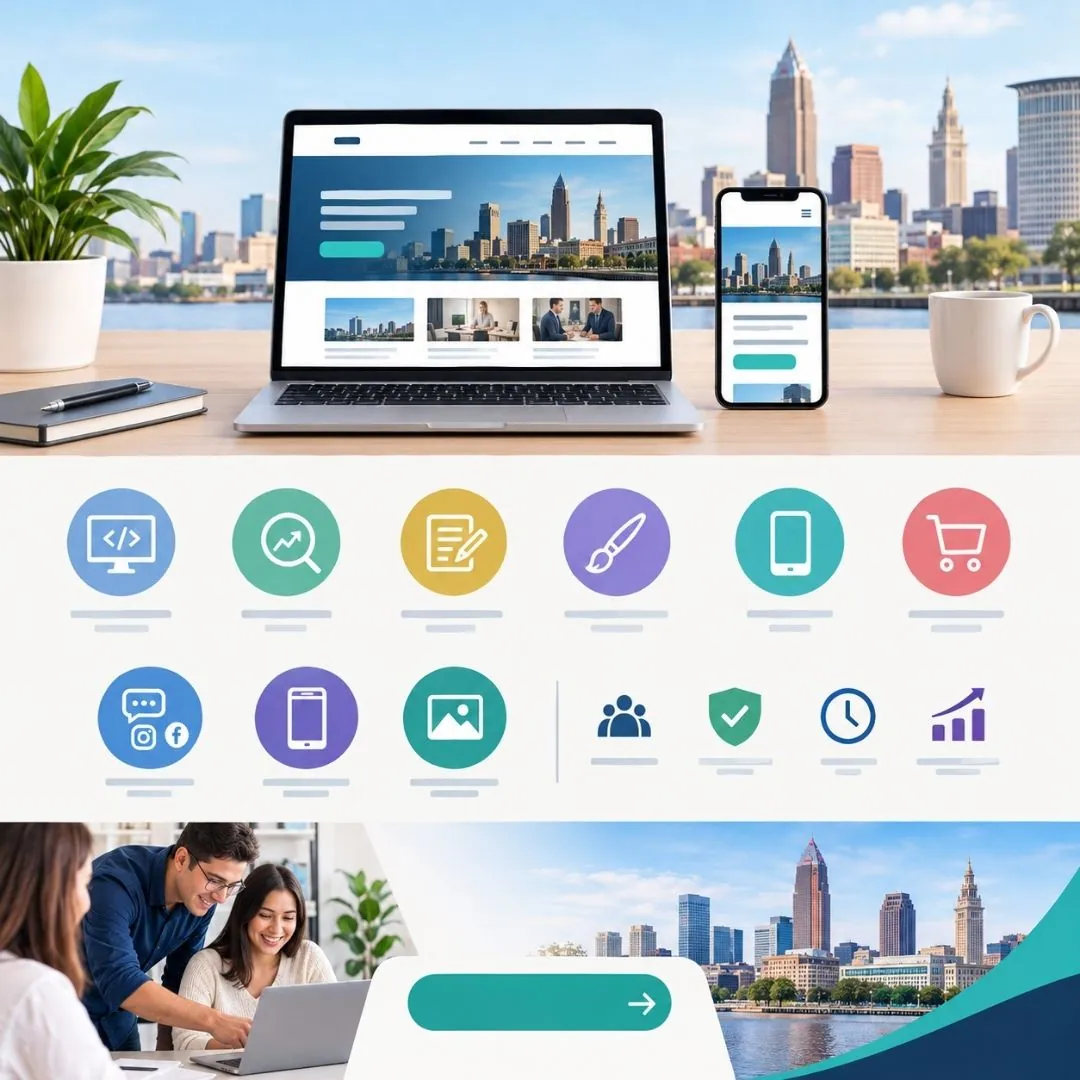 Laptop and mobile website mockups with the Cleveland skyline, showcasing services from a trusted Cleveland Web Design Company.