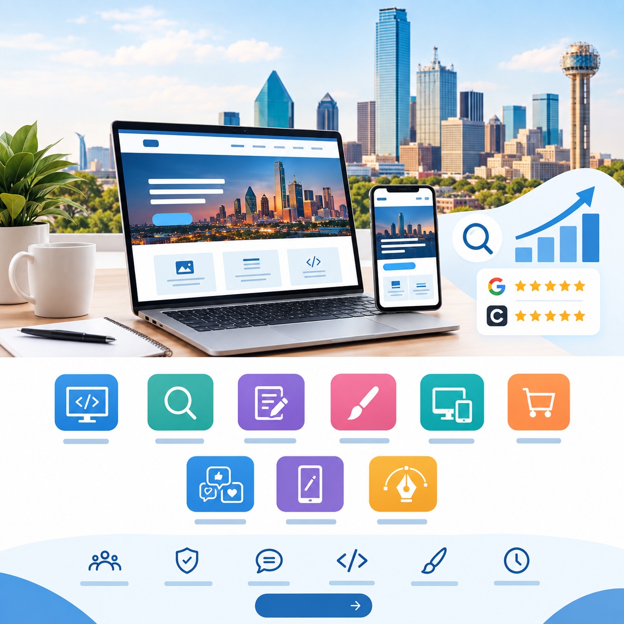 Laptop and mobile website mockups featuring the Dallas skyline, highlighting services from a trusted Dallas Web Design Company.