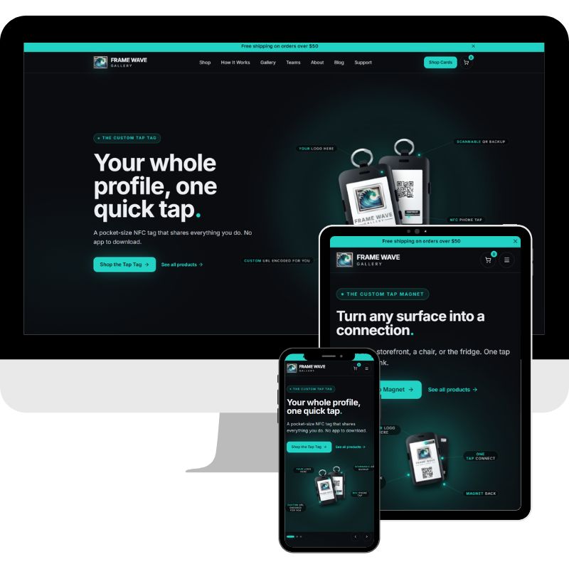 Website design for Frame Wave Gallery by Correct Digital.