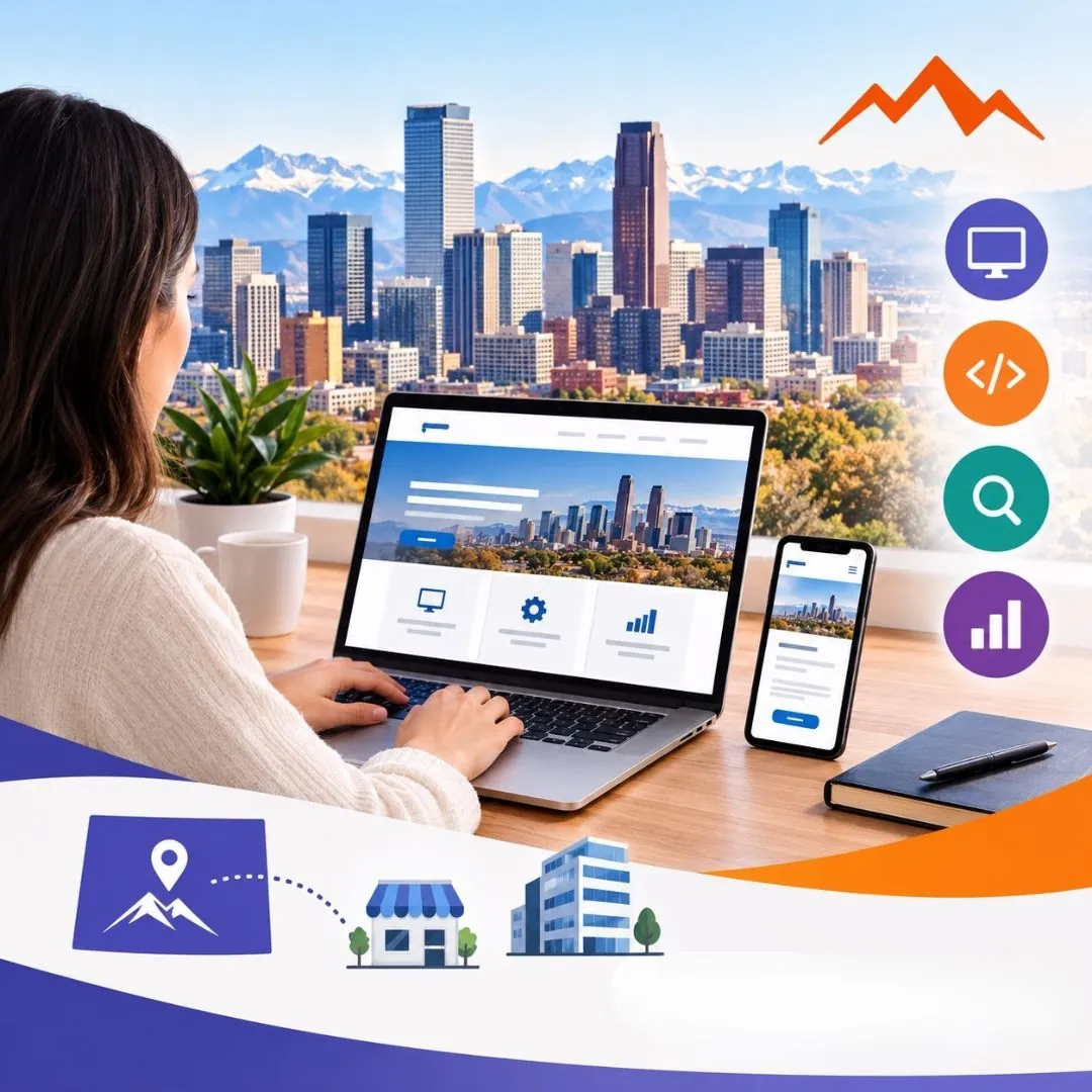 Designer working on a laptop with Denver skyline views, representing a professional Denver Web Design Company.