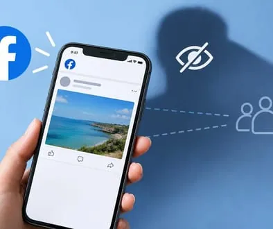 Facebook shadow banning Facebook shadow banning shown as a phone with a Facebook post, a crossed-out eye and a faded group of followers who no longer see the post.