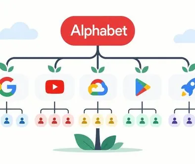 Google organizational structure as a tree, with Alphabet at the top and branches for Google, YouTube, Google Cloud, Google Play and Other Bets, each leading to small teams.